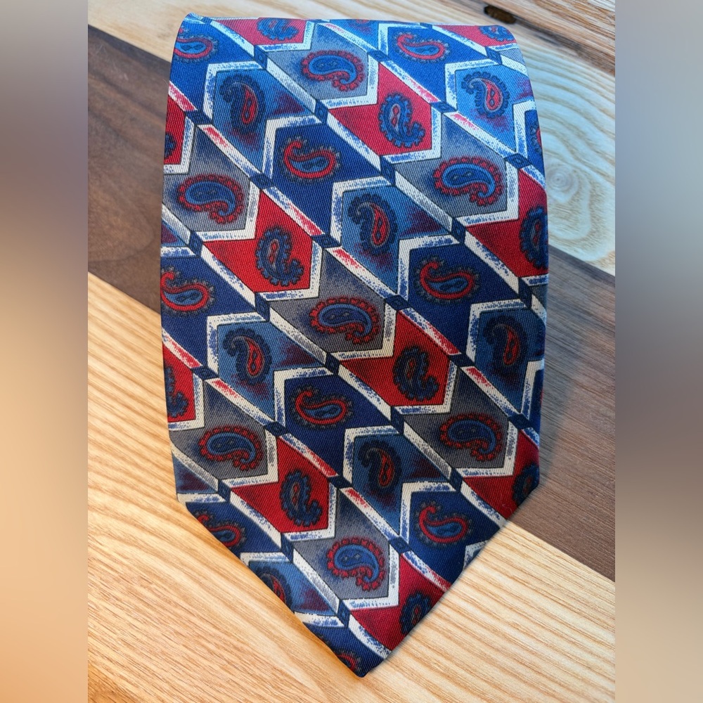 3/$30✨💙Men's Forsyth Vintage 100% Silk Paisley Geometric Tie - Navy & Red❤️🇨🇦